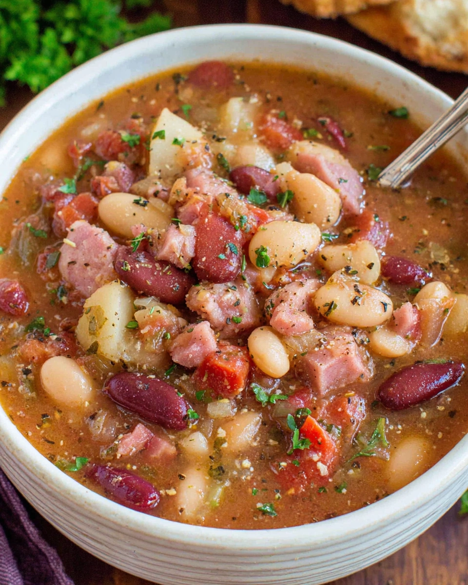 A bowl of soup with ham and beans.