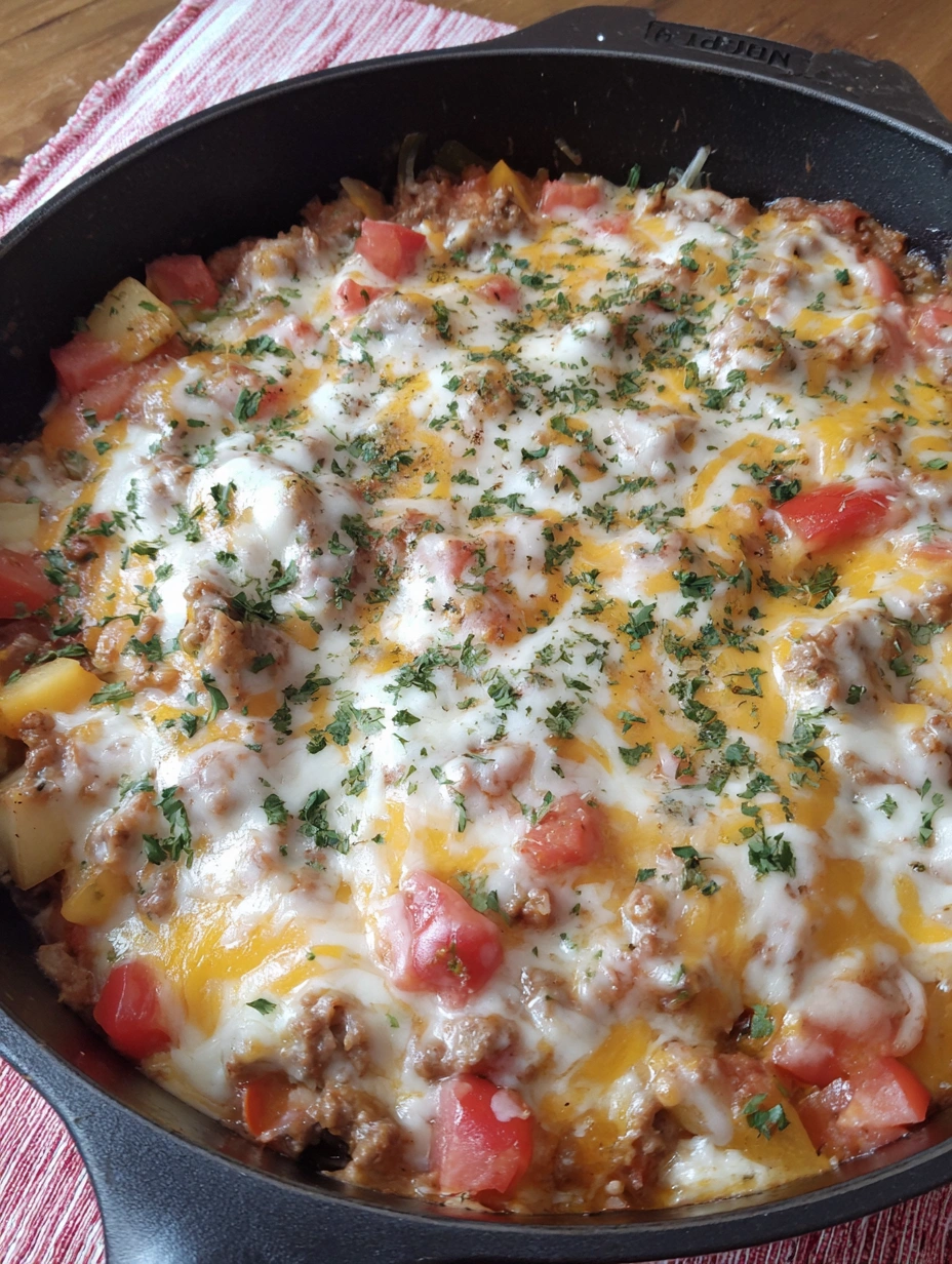 A skillet with a delicious meal of chicken, tomatoes, and cheese.