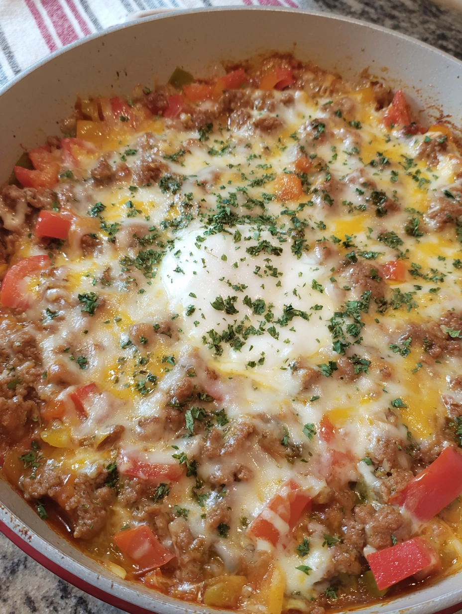 A skillet with a fried egg on top of a meat and vegetable mixture.