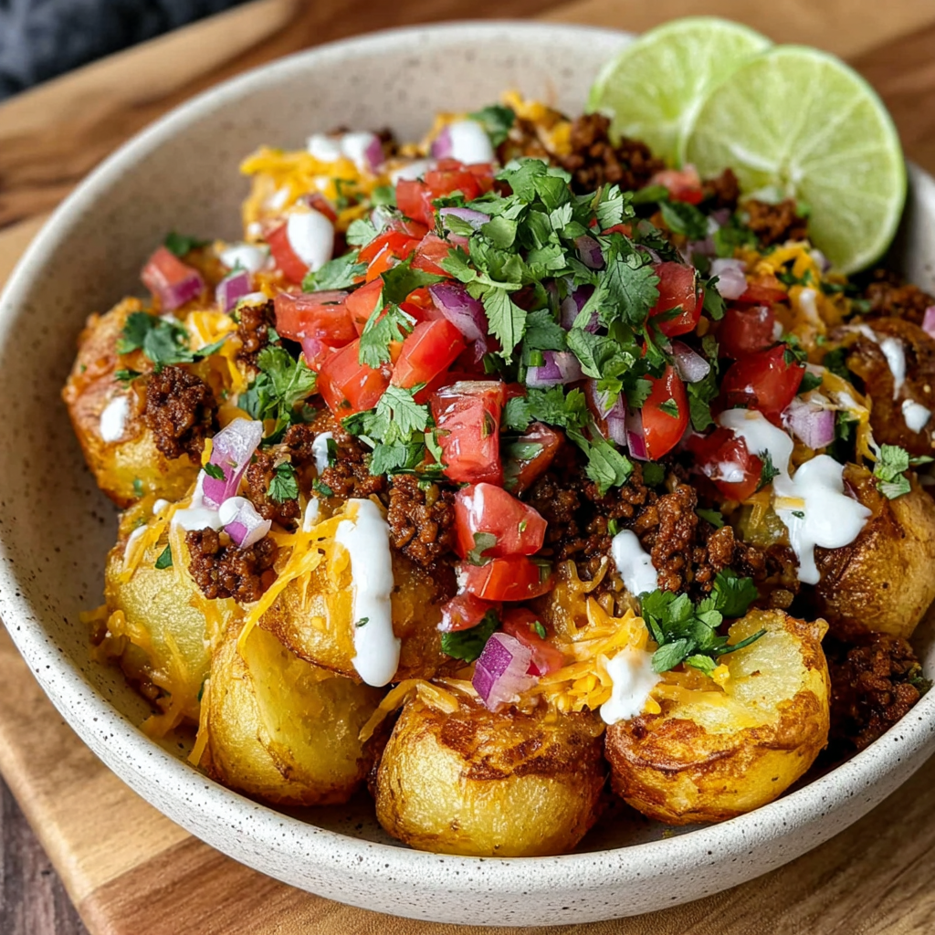 A bowl of loaded potatoes with cheese, tomatoes, and lime.