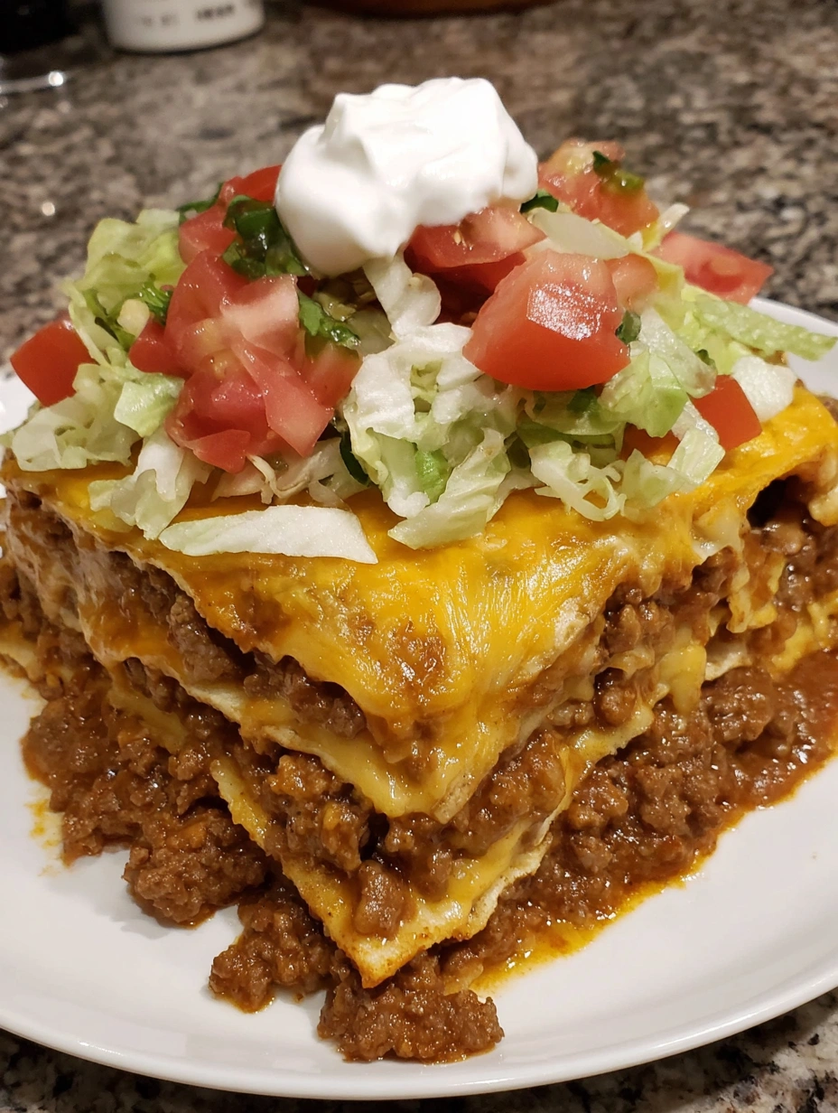 A plate of food with a taco lasagna on it.