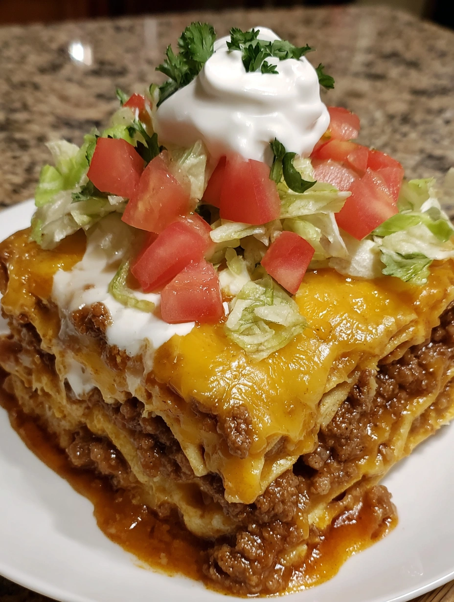 A stack of taco lasagna with tomatoes and cheese on top.