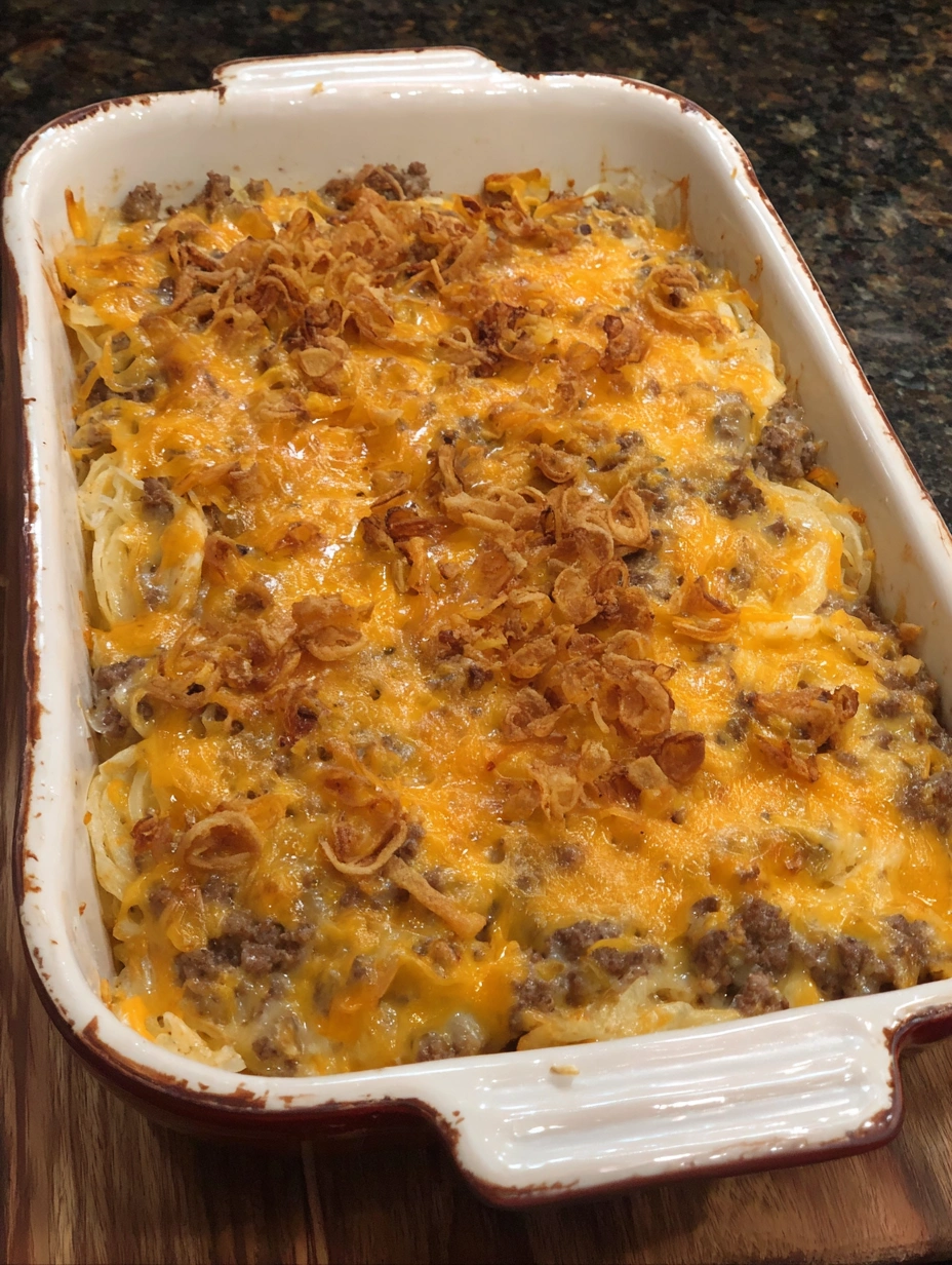 A cheesy hash brown and hamburger casserole.