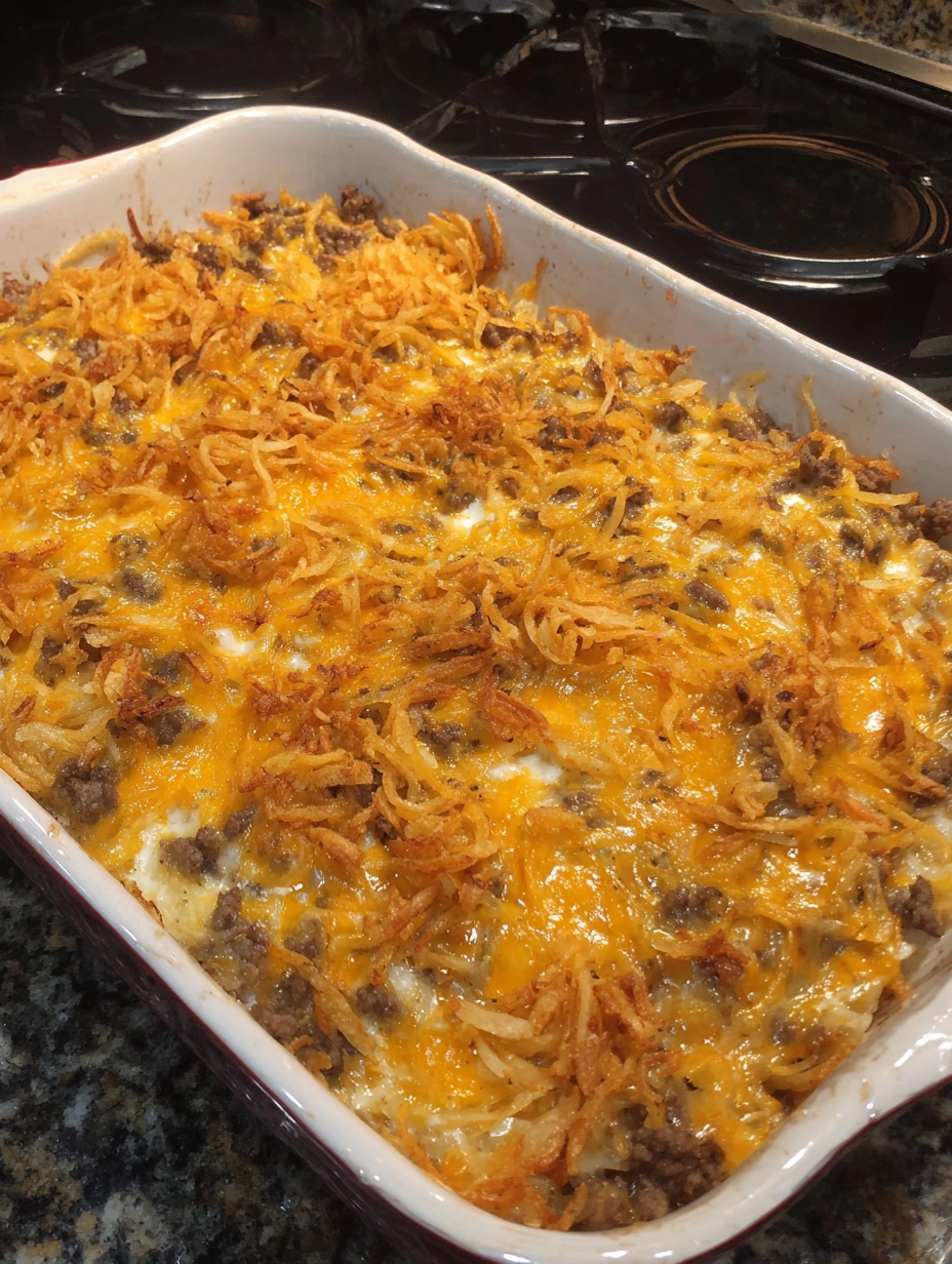 A cheesy hash brown and hamburger casserole.