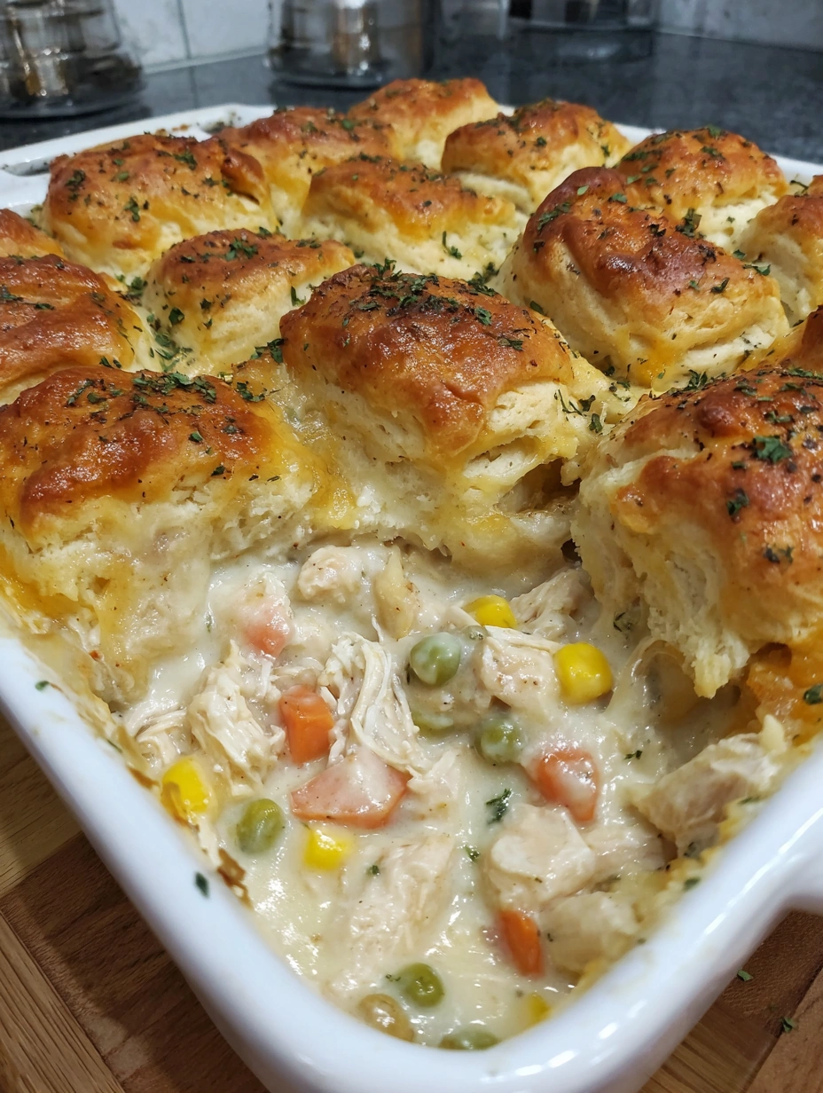 A dish of chicken pot pie with a biscuit topping.