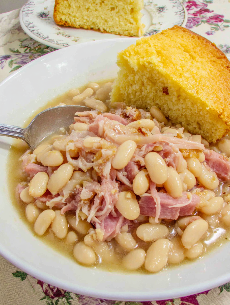 A plate of food with a slice of cake and a bowl of soup.