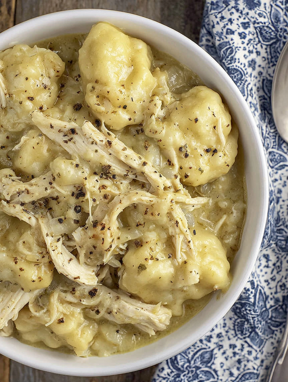 A bowl of chicken and dumplings.