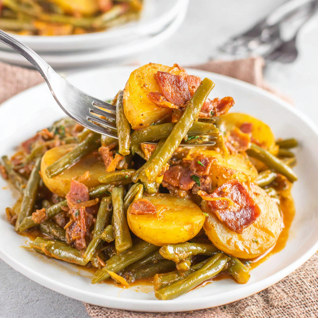 A plate of smothered green beans.