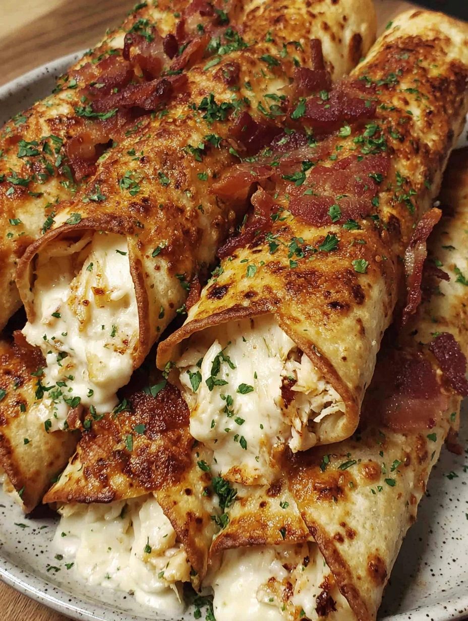 Crispy stuffed chicken bacon garlic-parmesan taquitos.