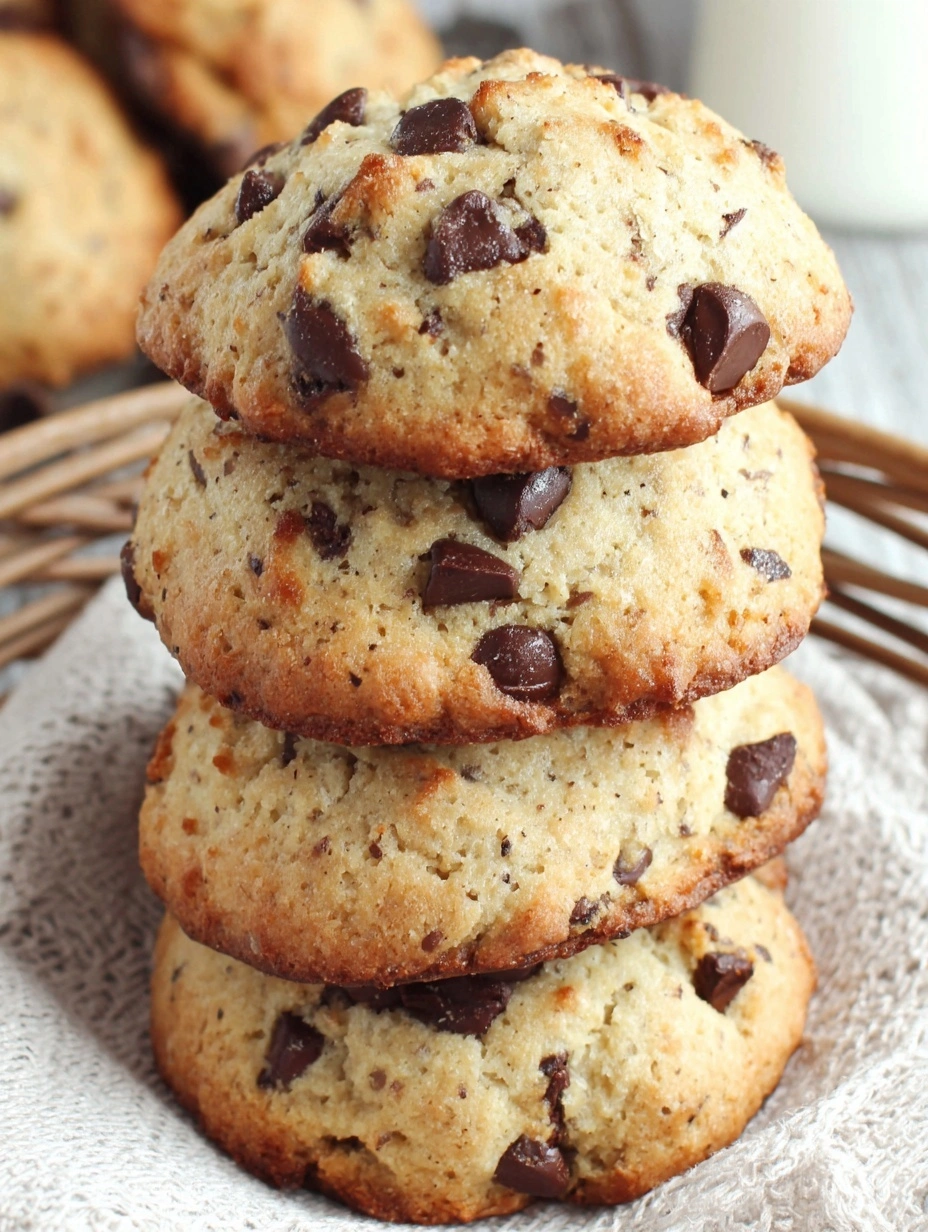 Three stacked cookies with chocolate chips.