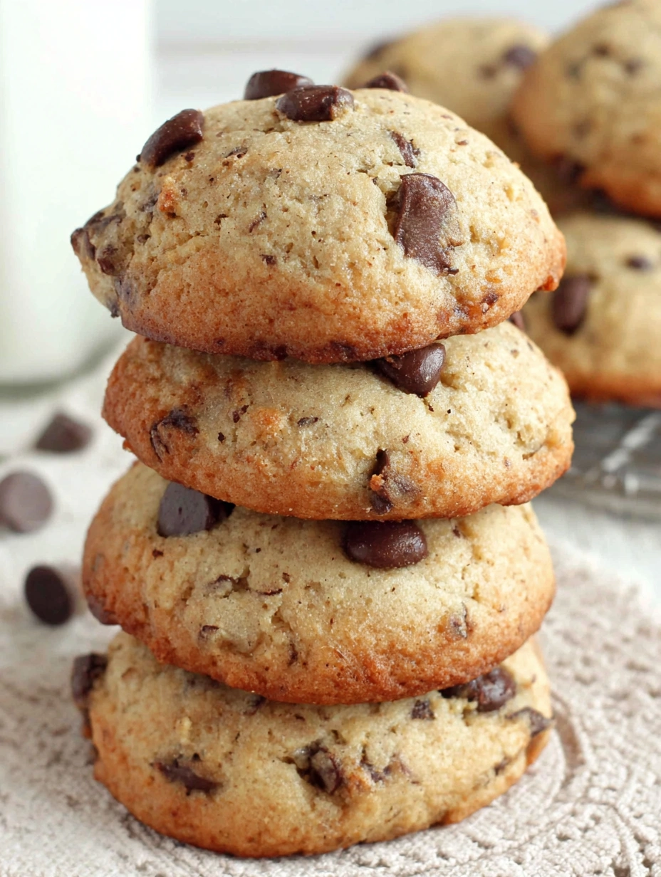 Three stacked cookies with chocolate chips.