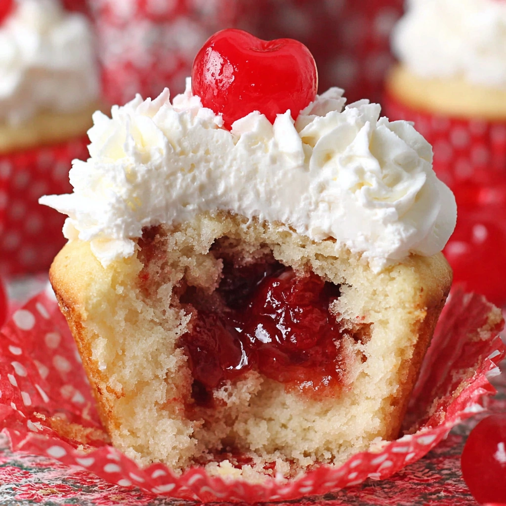 A cupcake with white frosting and a cherry on top.