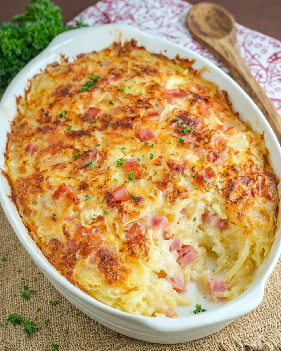 A casserole dish filled with ham and cheese.