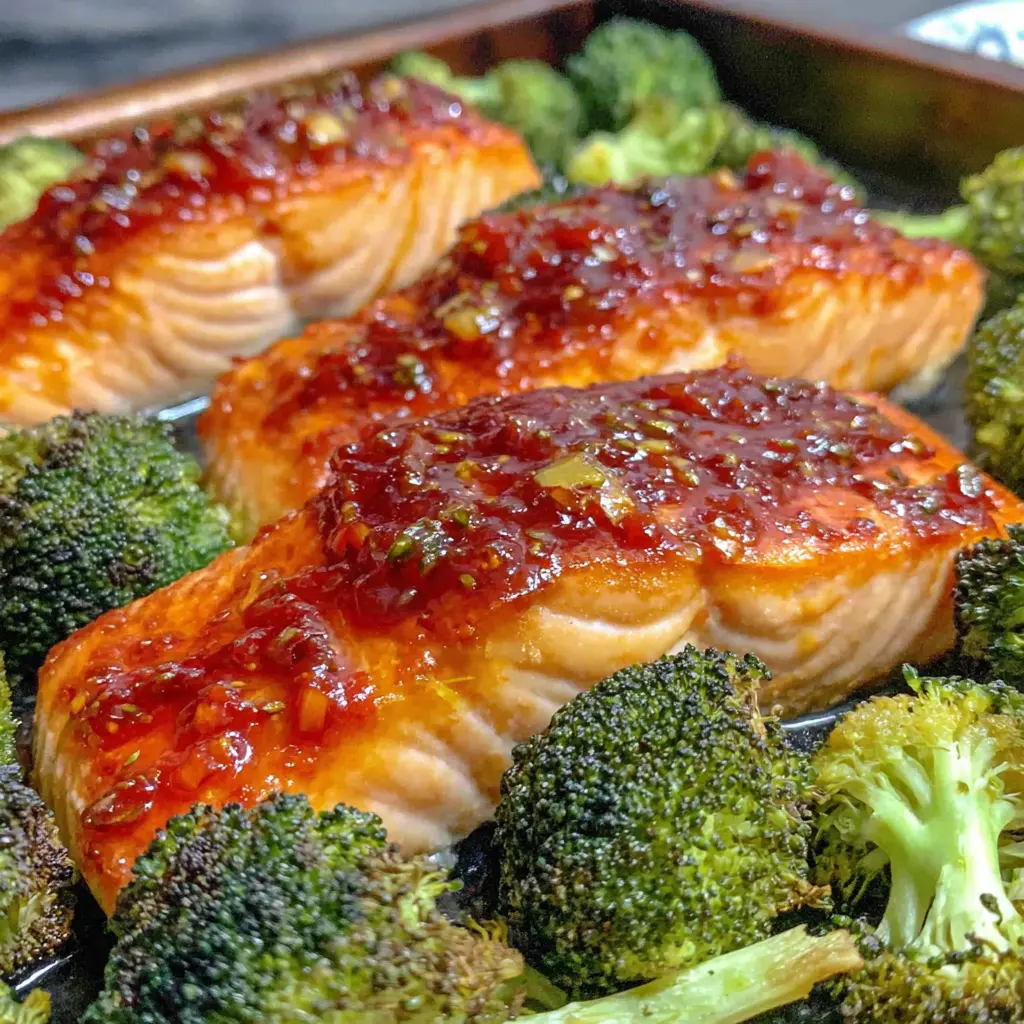 A dish of salmon with honey garlic glaze and roasted broccoli.