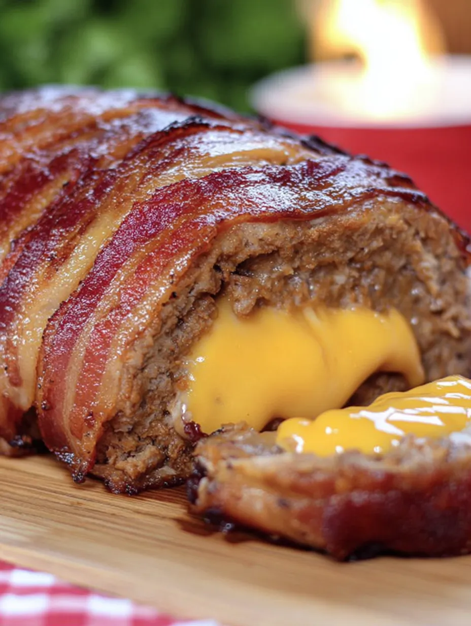 A close up of a stuffed bacon wrapped meatloaf.