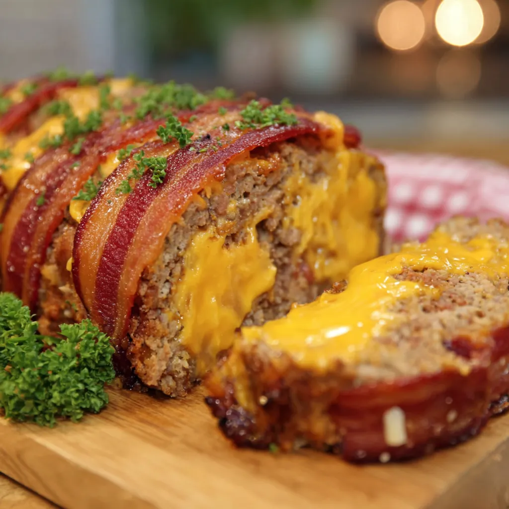A stuffed bacon wrapped meatloaf on a wooden cutting board.