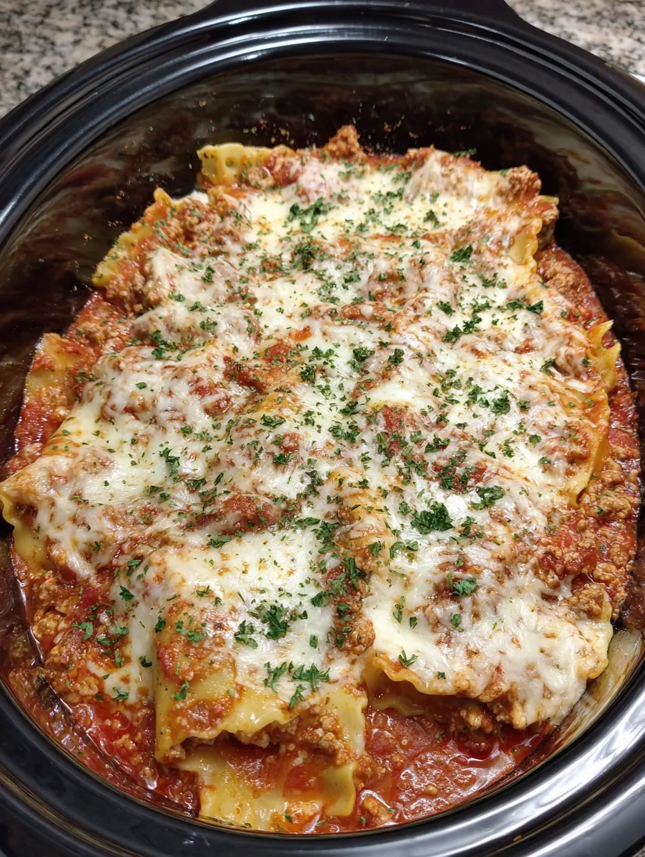 A close up of a crockpot lasagna.