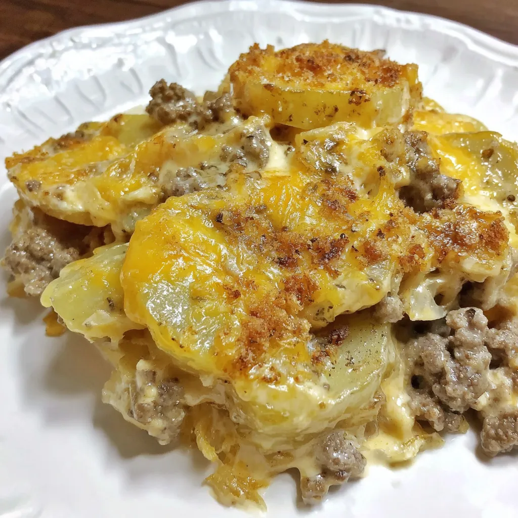 A plate of cheesy potatoes and ground beef casserole.