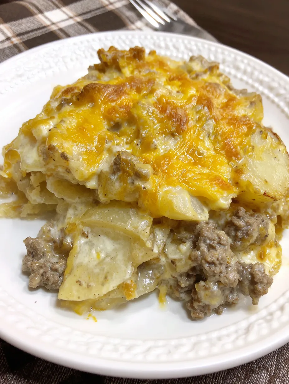A plate of cheesy potatoes and ground beef casserole.