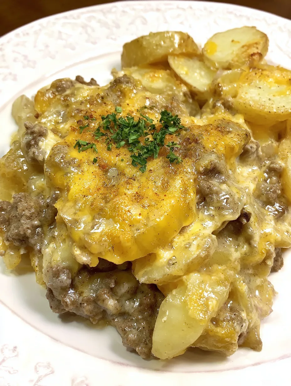 A plate of cheesy potatoes and ground beef casserole.