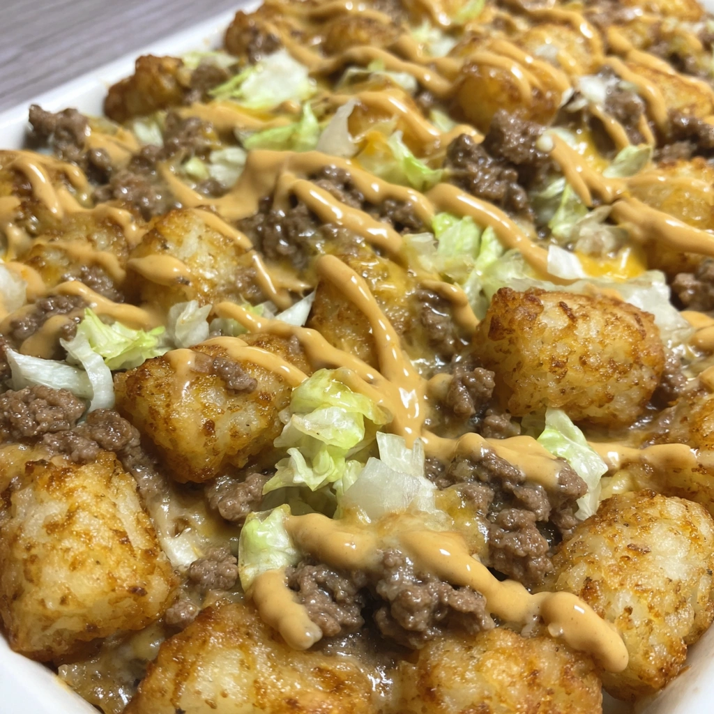 A close up of a Big Mac Tater Tot Casserole.