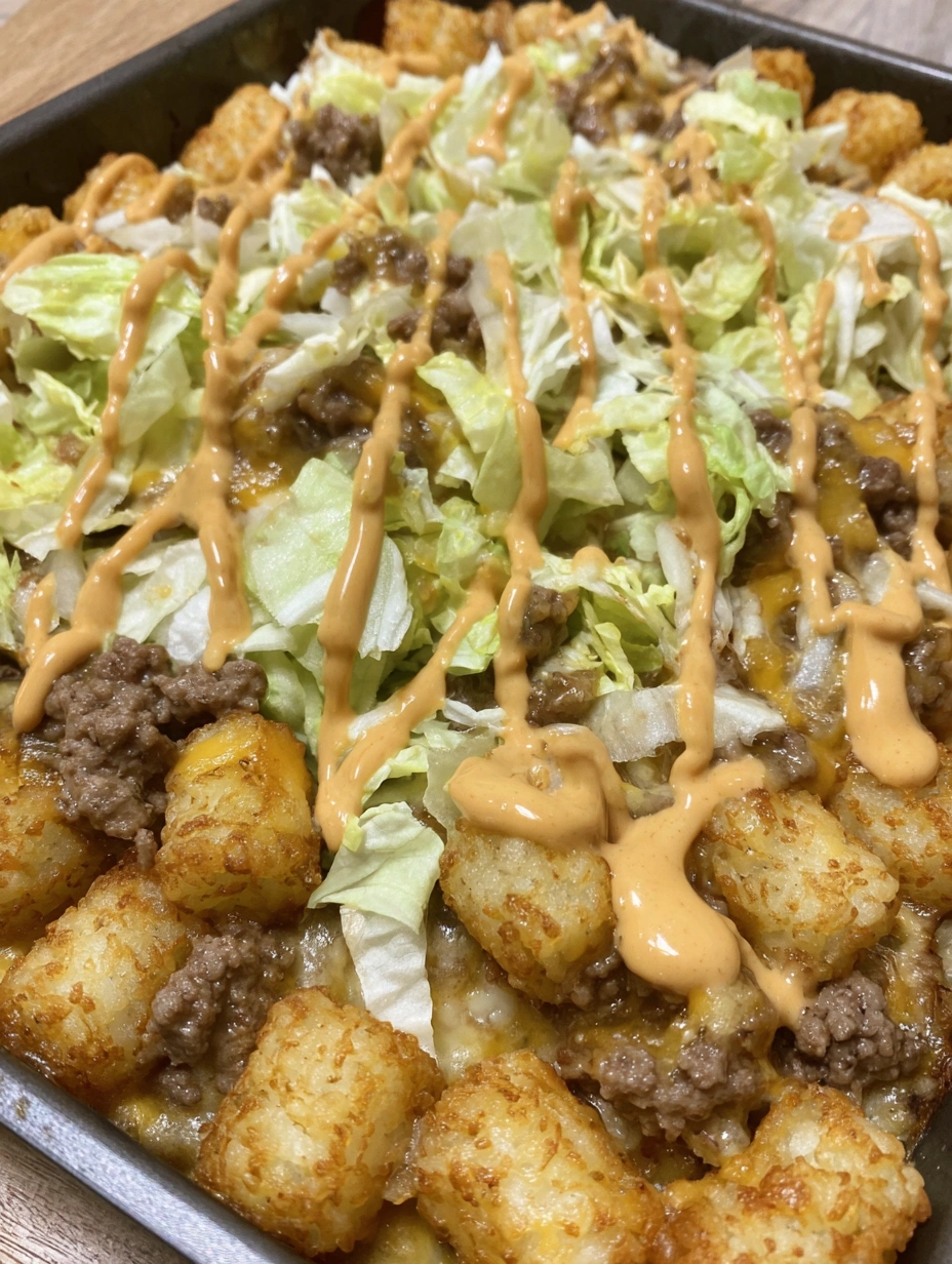 A close up of a Big Mac Tater Tot Casserole.