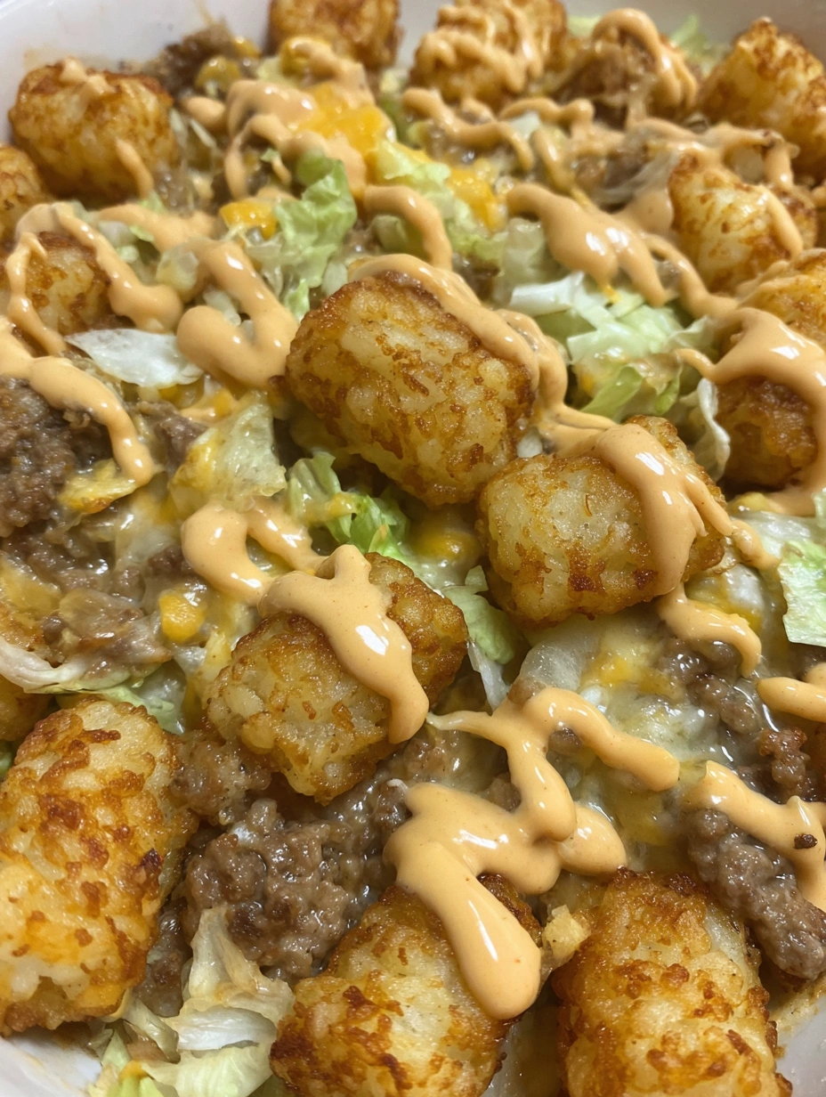 A close up of a Big Mac Tater Tot Casserole.