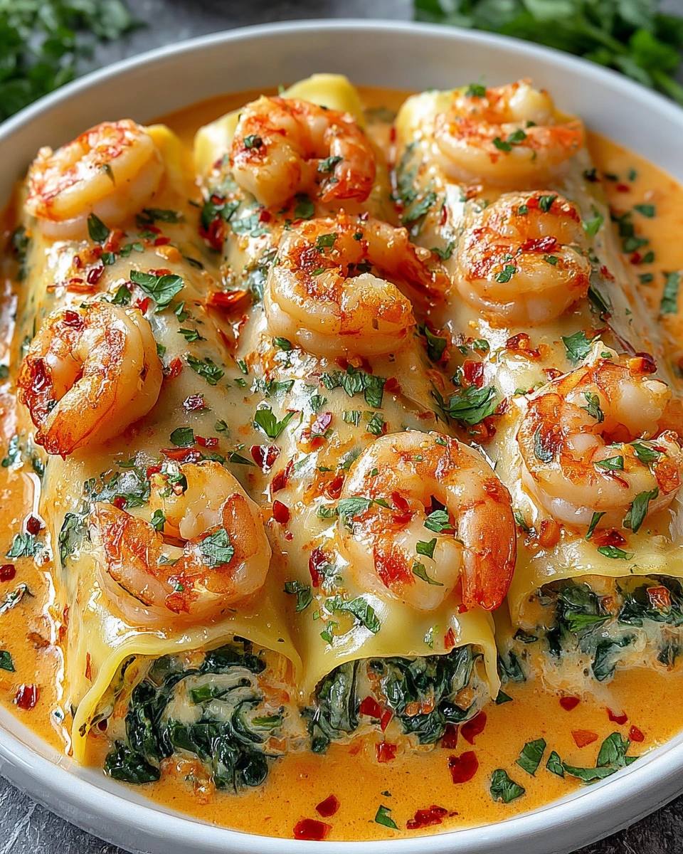 Shrimp and spinach stuffed pasta rolls with roasted red pepper cream.