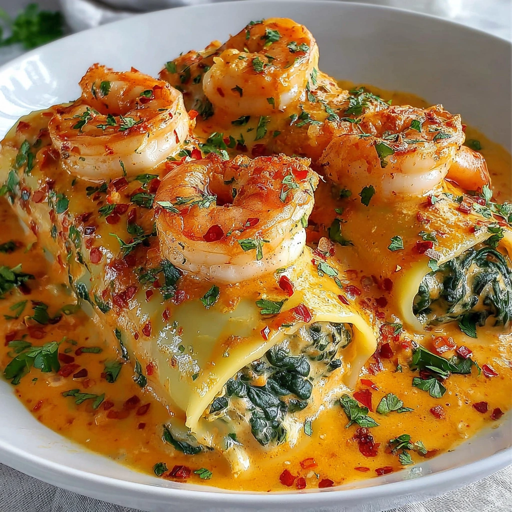 A plate of food with shrimp and spinach stuffed pasta rolls.