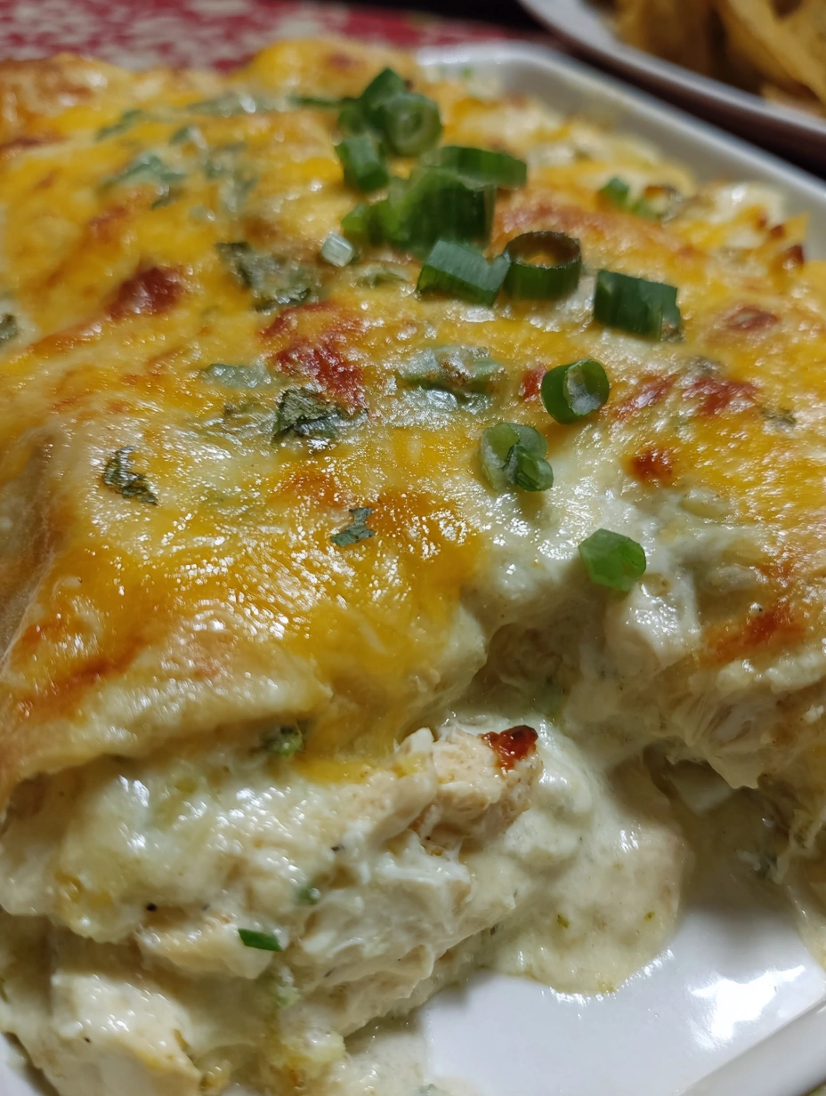 A close up of a delicious cream cheese chicken enchilada.