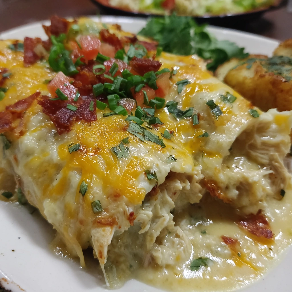 A plate of cream cheese chicken enchiladas.