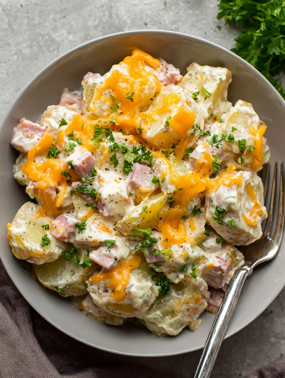 A bowl of cheesy ham and potato casserole.