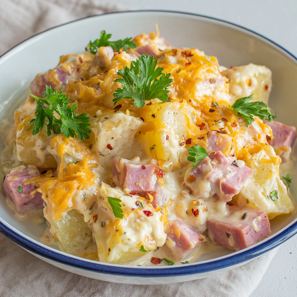 A bowl of ham and scalloped potato casserole.