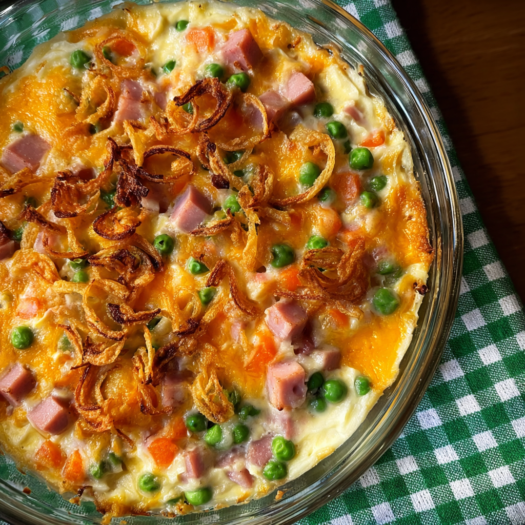 A cheesy leftover ham and mashed potato casserole.