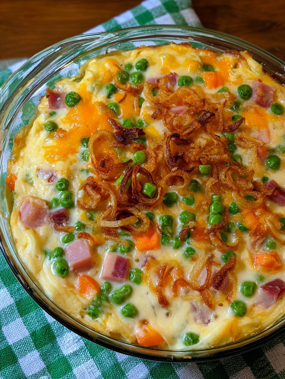 A casserole with peas, carrots, and ham.