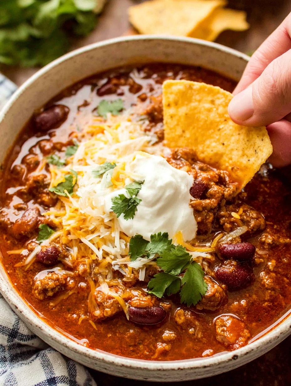 A person is eating chili con carne.