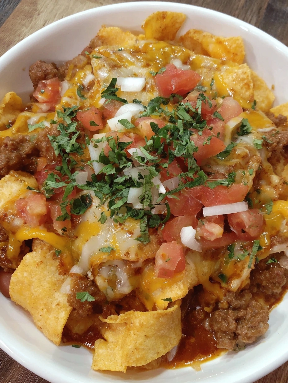 A bowl of chili cheese frito pie.