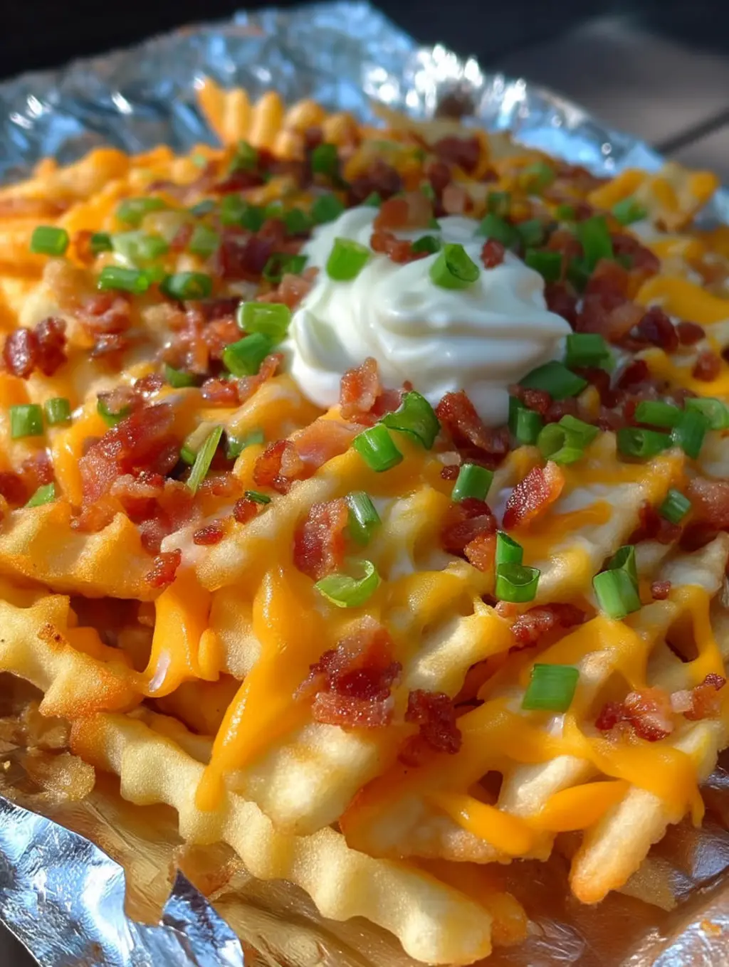 A plate of bacon and cheese loaded fries.