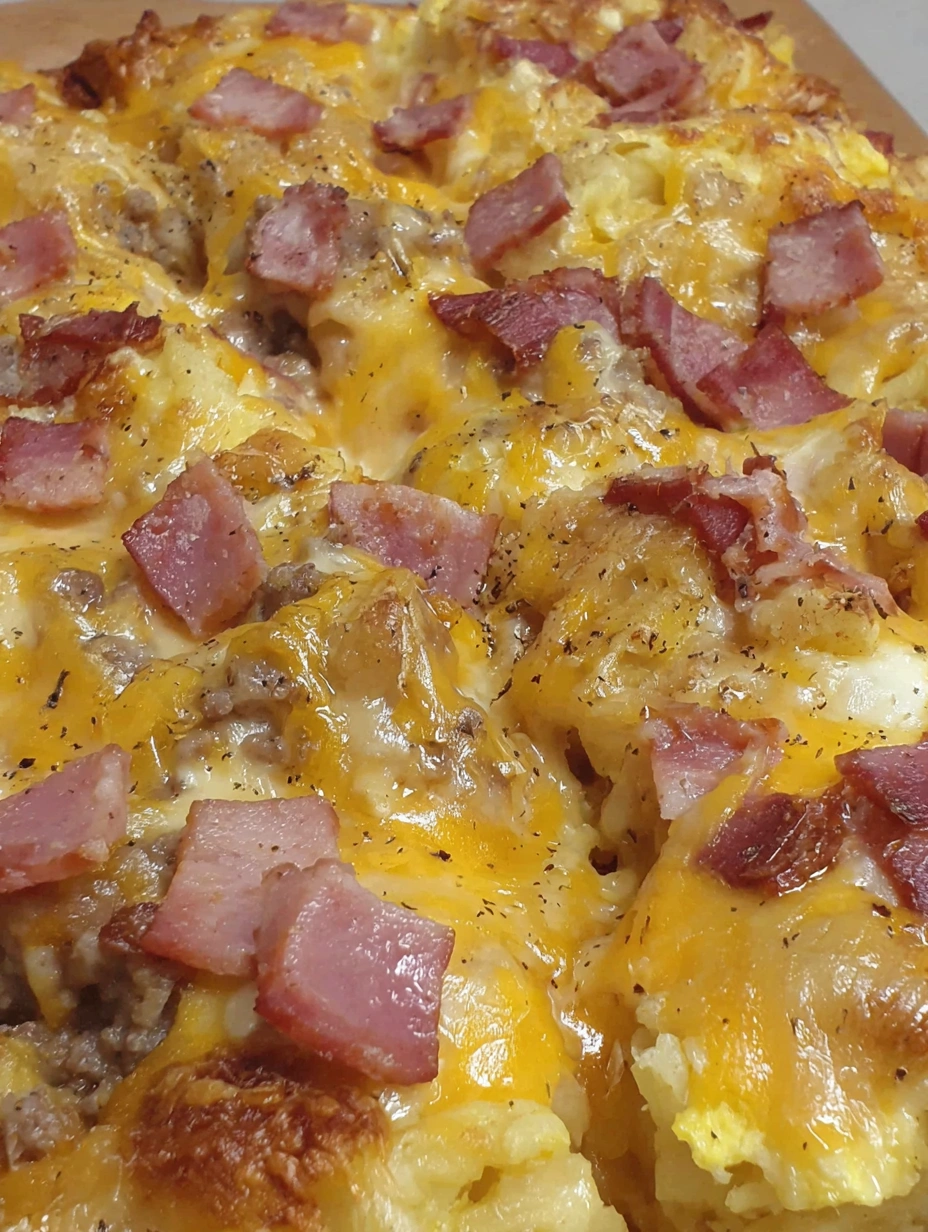 A loaded breakfast casserole with ham and cheese.
