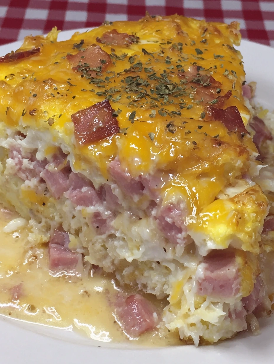 A loaded breakfast casserole with ham and cheese.