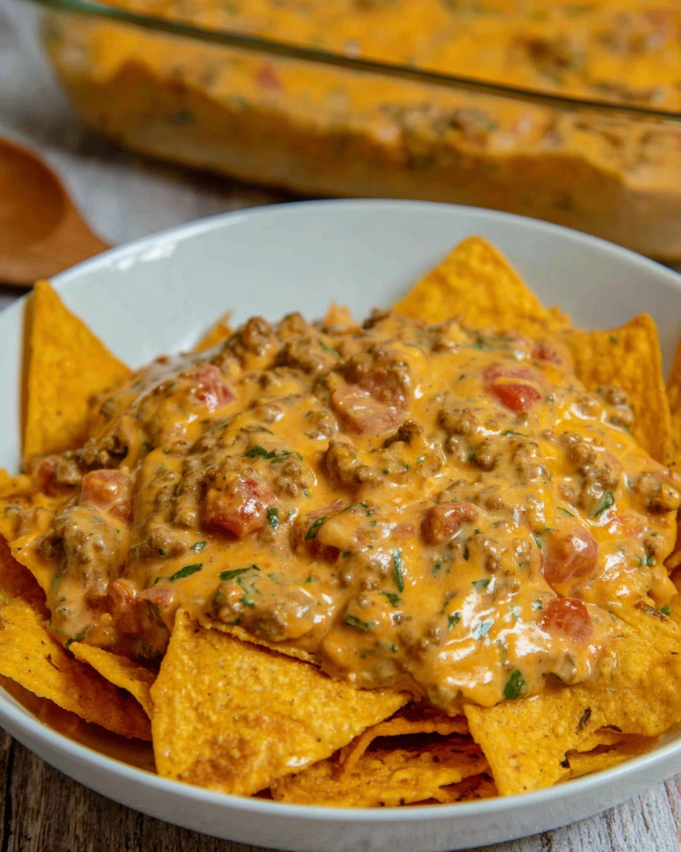 A bowl of ground beef dip with tomatoes and cheese.
