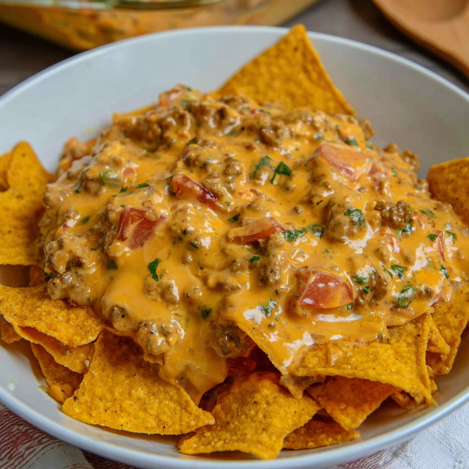 A bowl of rotel dip with ground beef.