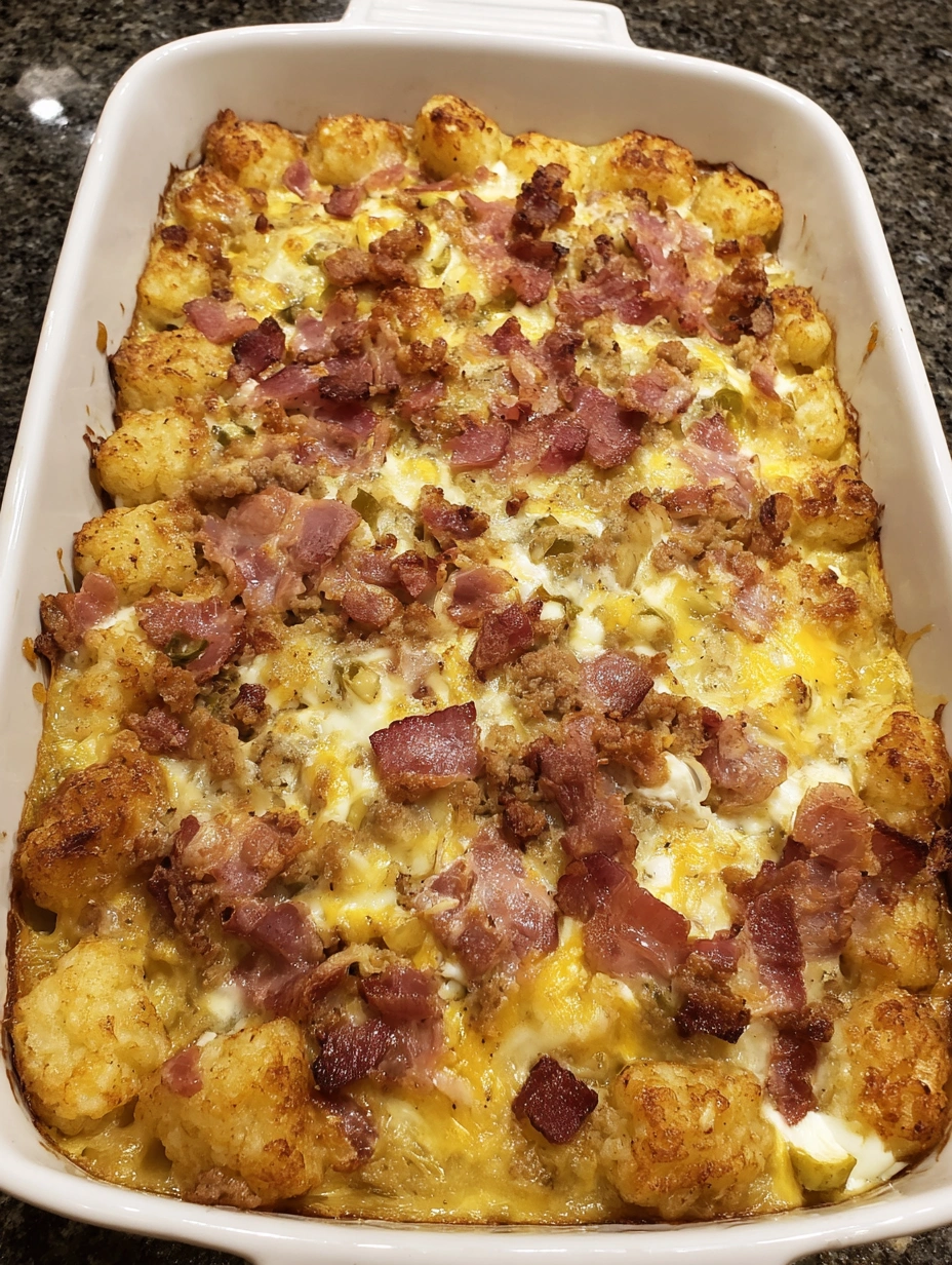 A breakfast tater tot casserole with bacon and cheese.