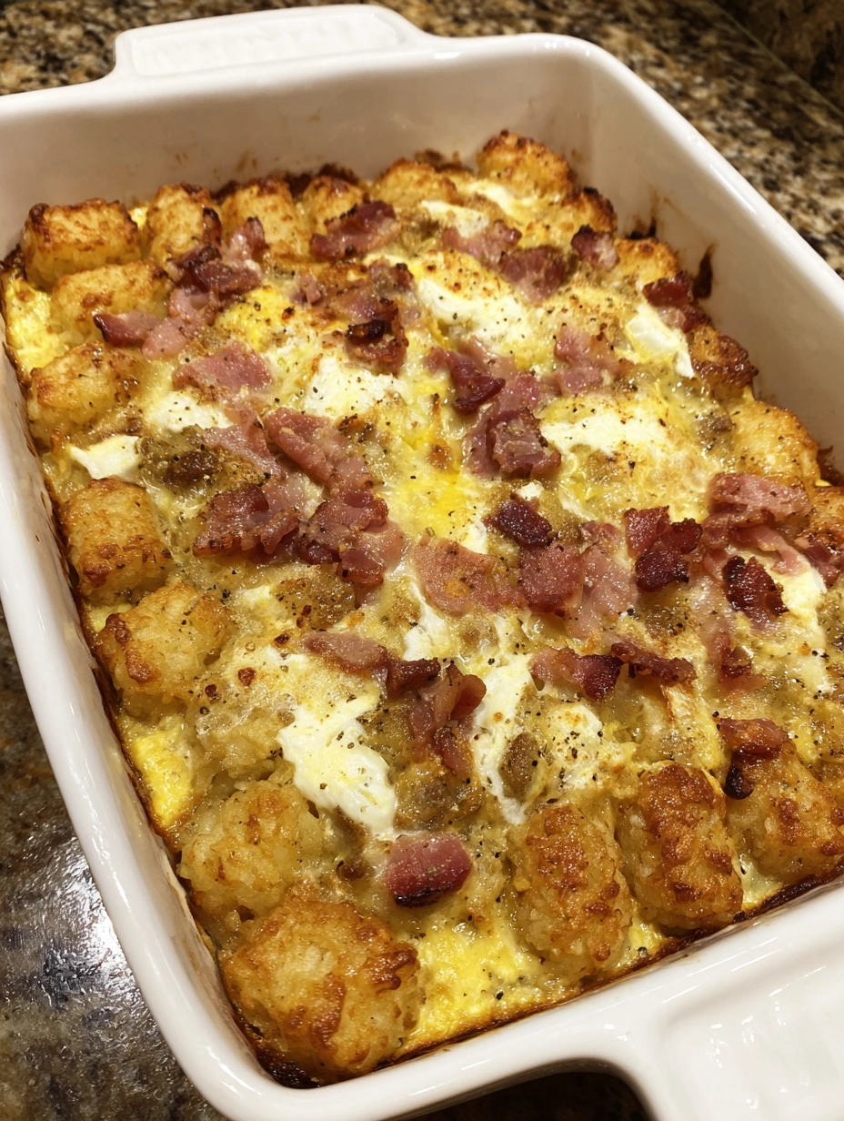A breakfast tater tot casserole in a white bowl.