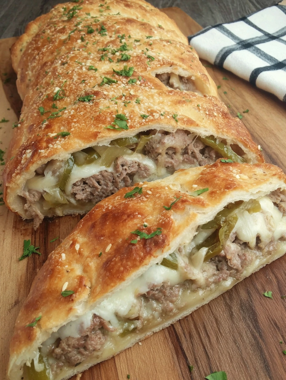 A close up of a Philly Cheesesteak Stromboli.