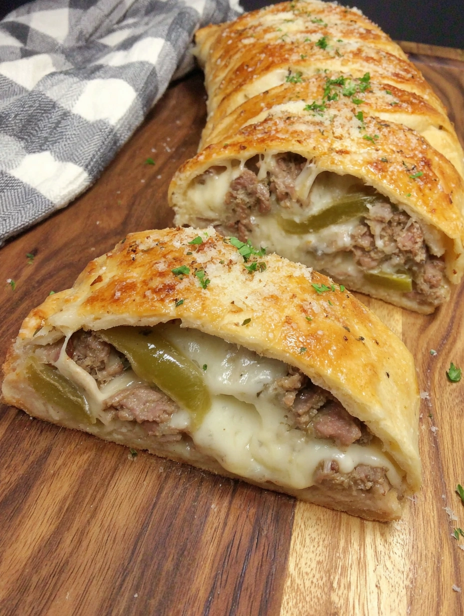 A slice of Philly Cheesesteak Stromboli on a wooden table.