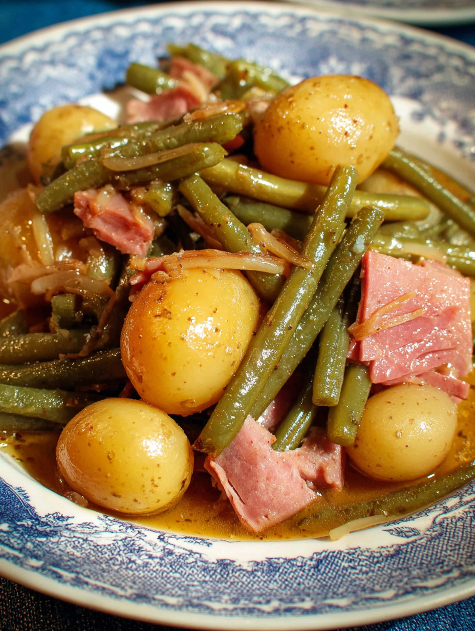 A plate of slow cooker green beans, ham and potatoes.
