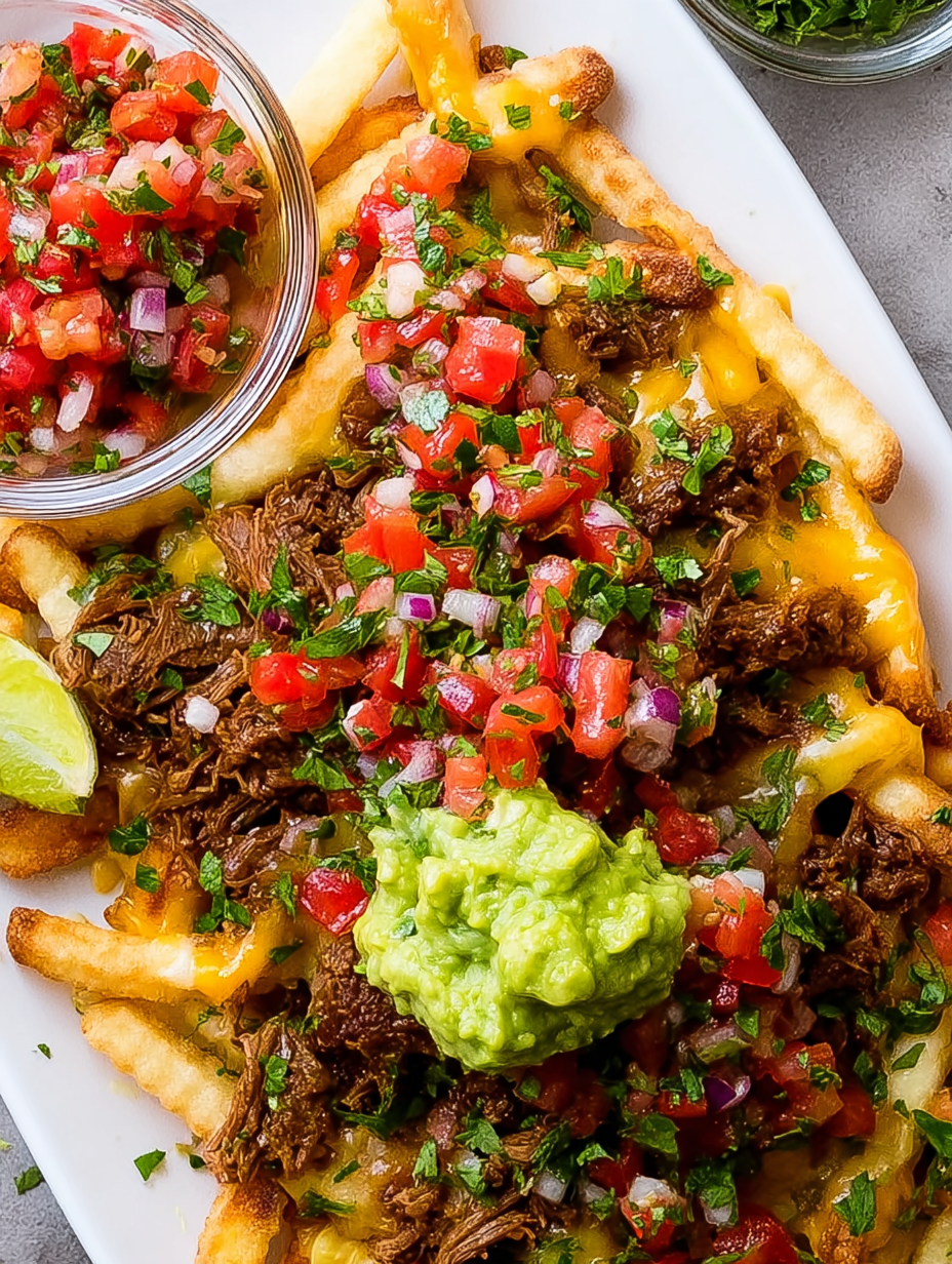 A plate of loaded fries with meat and tomatoes.