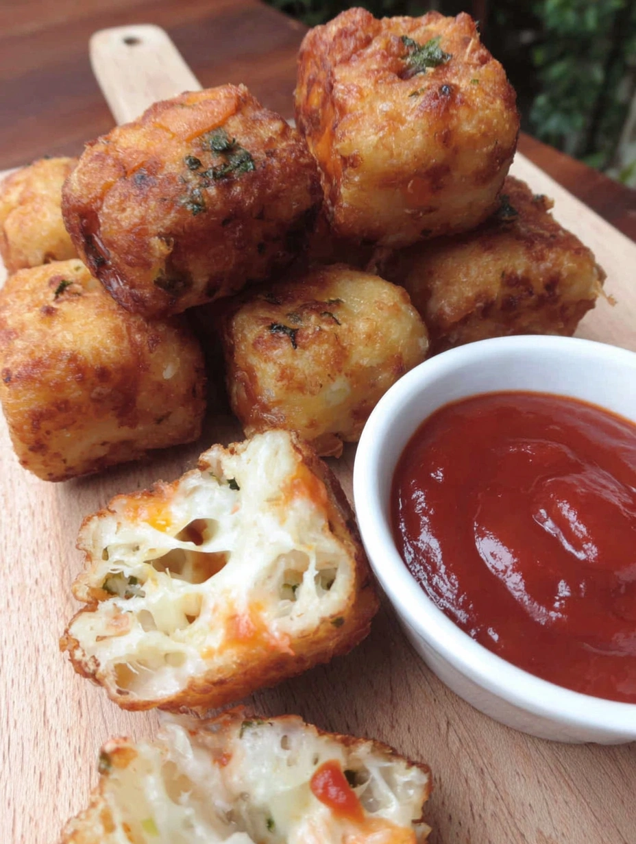 A bowl of sauce next to a plate of fried pizza bites.