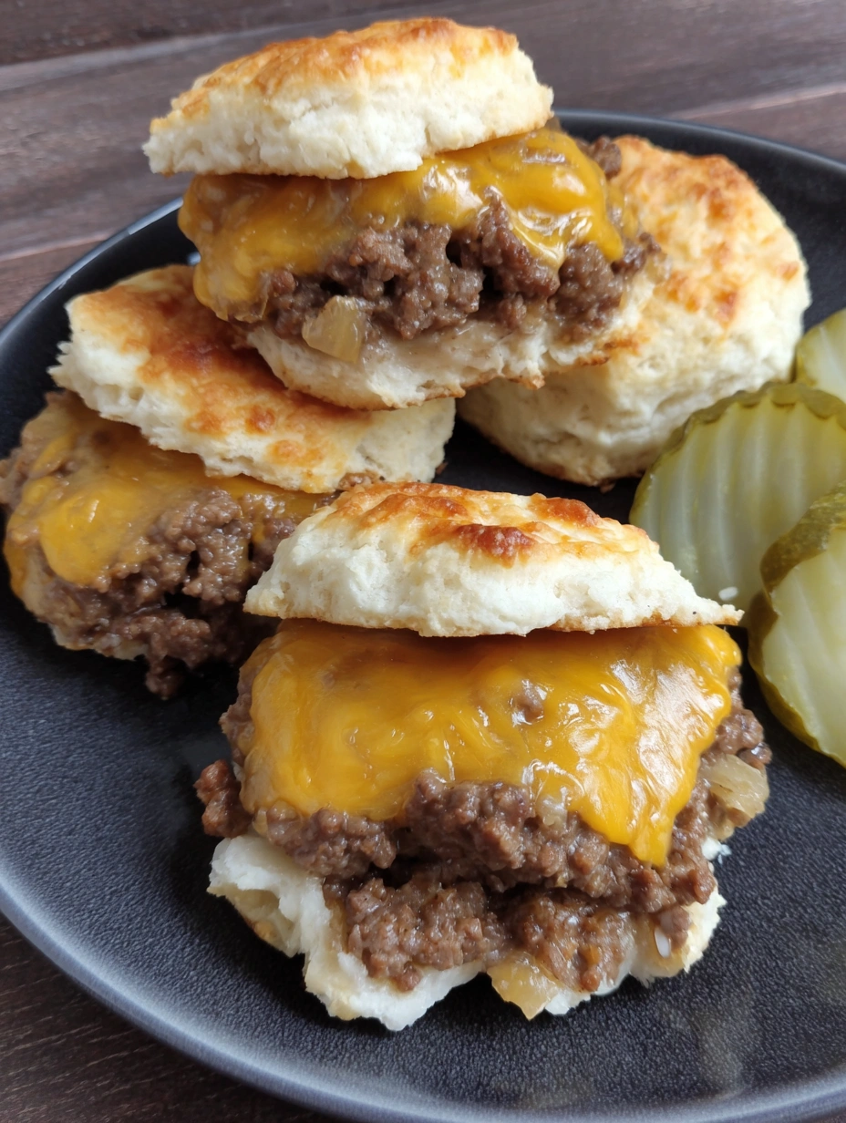 A plate of chopped cheeseburger biscuits.